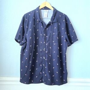 Revolution Dark Blue Casual Button Down Shirt With Flamingi Motif